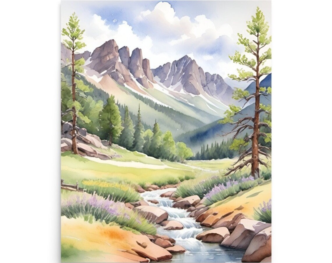 Rocky Mountains Mountain River Watercolor Wall Art Print