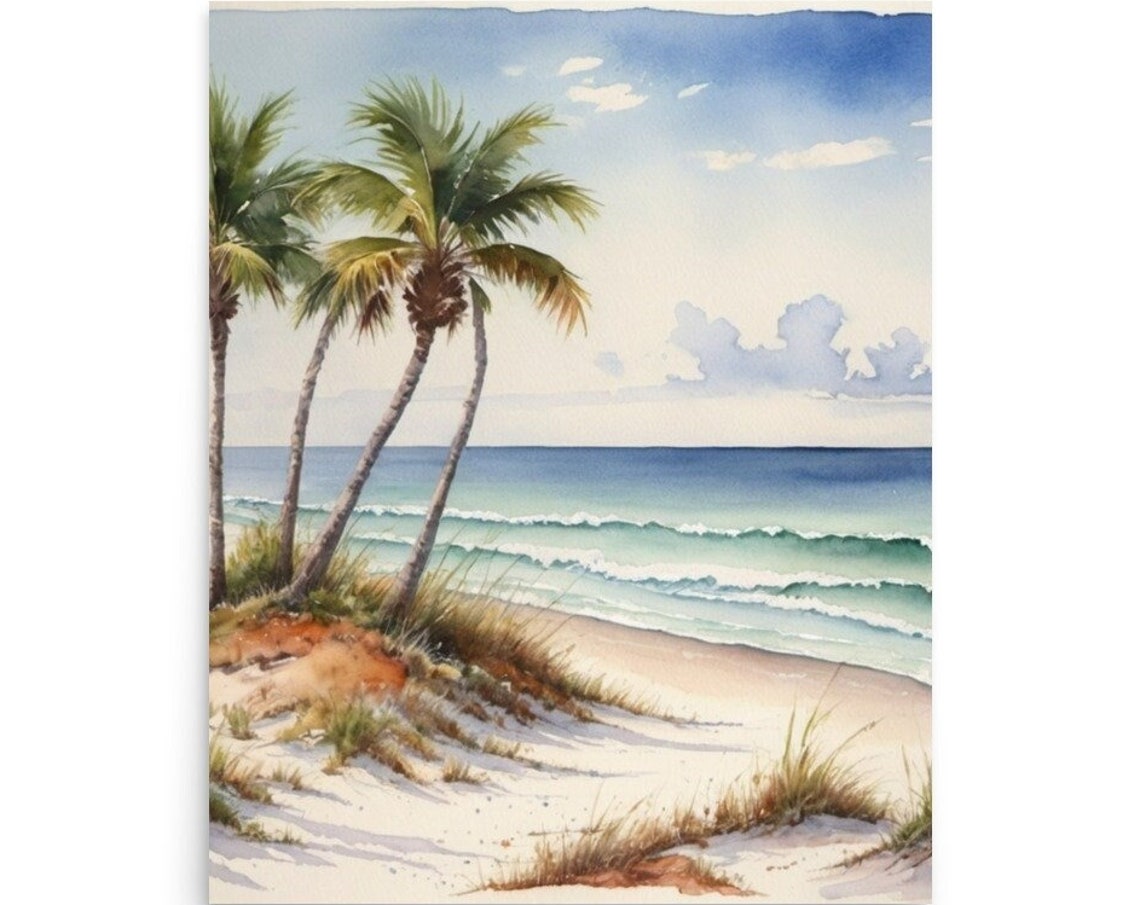 Florida Beach Palm Trees Watercolor Tropical Ocean Seaside Art Poster