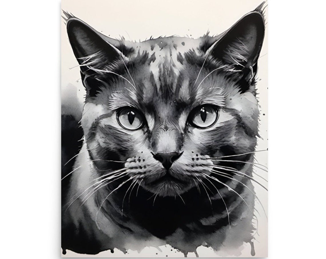 Cat Painting Cat Portrait Watercolor And Ink Art Print Cat Sketch Pet Portrait Drawing Black And White Wall Art Animal Sketch Poster