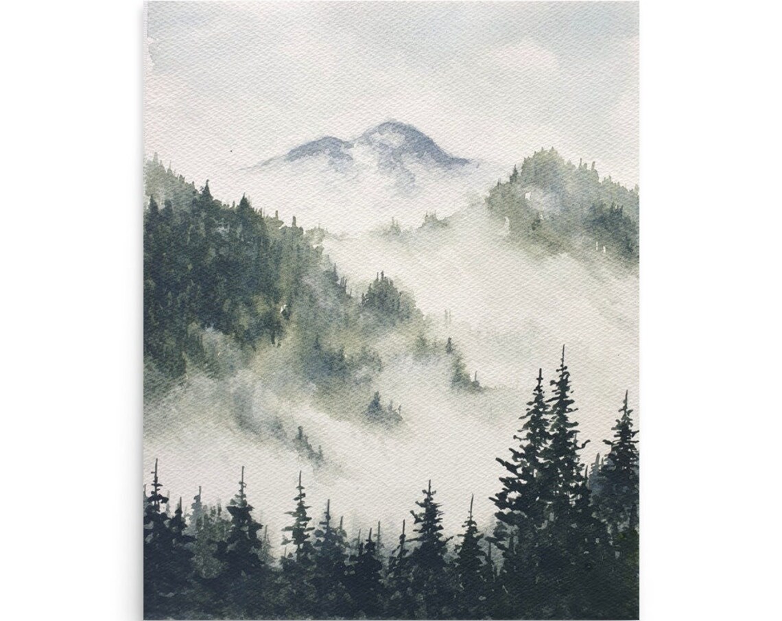 Misty Mountain Pine Forest Oregon Landscape Art Print