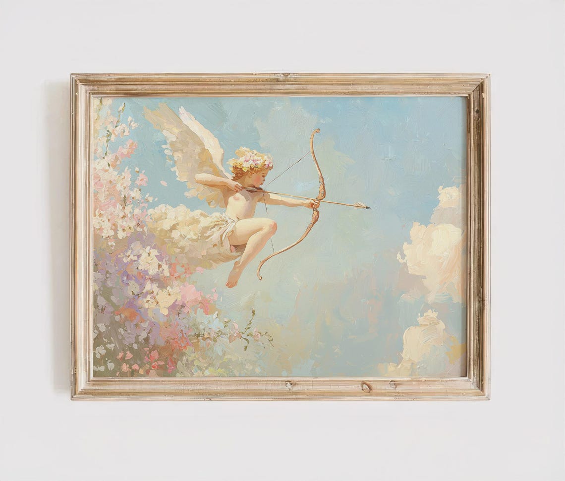 Cupid Drawing Bow Pastel Floral Romantic Angel Nursery Art Poster