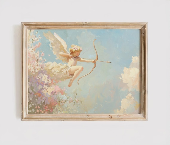 Oil Painting Cupid Art Print Romantic Wall Vintage Angel For Nursery Decor Neutral Tone Artwork Pastel Colors