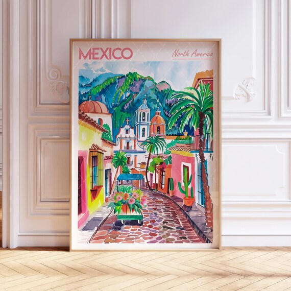 Mexico Watercolor Art Print Mexican City America Travel Poster World Cities Wall Pastel Colors