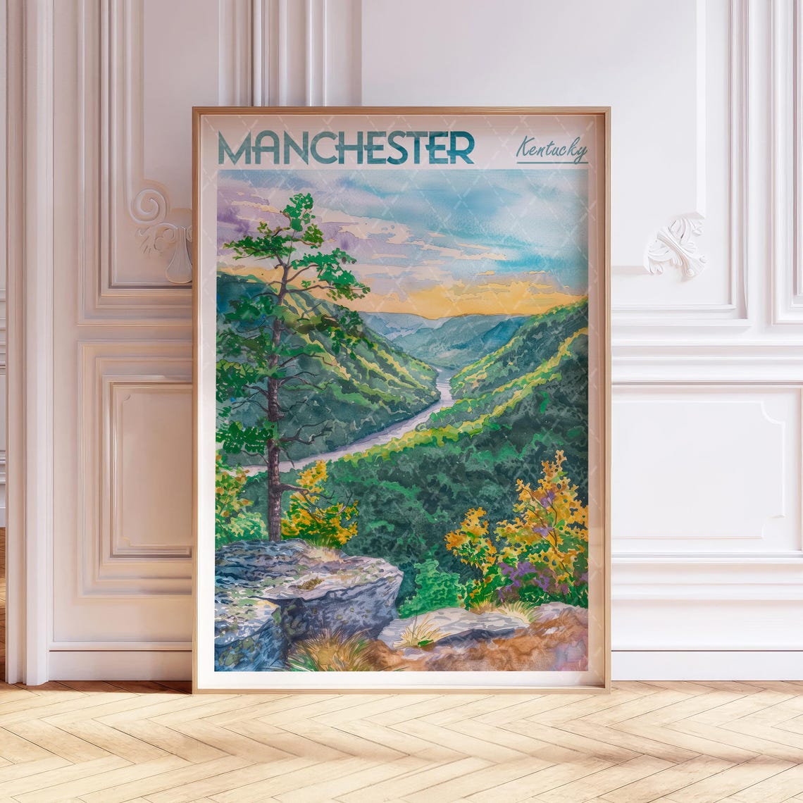 Manchester Kentucky Mountain River Valley Watercolor Travel Poster