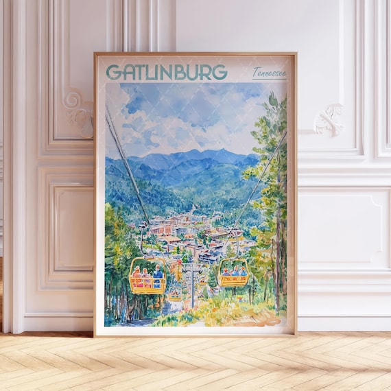 Gatlinburg Tennessee Watercolor Aerial Tram Smoky Mountains Poster