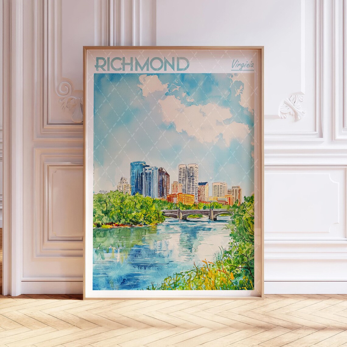Richmond Virginia Skyline Watercolor Travel Poster With River Bridge View