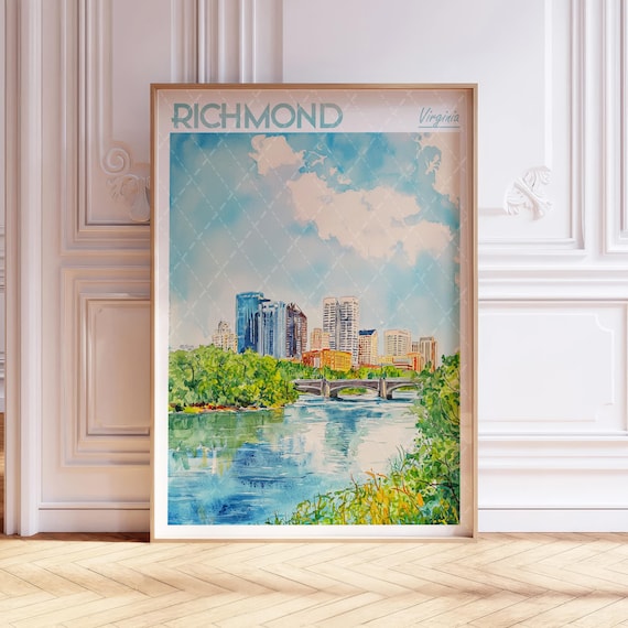 Richmond Virginia Skyline Watercolor Travel Poster With River Bridge View