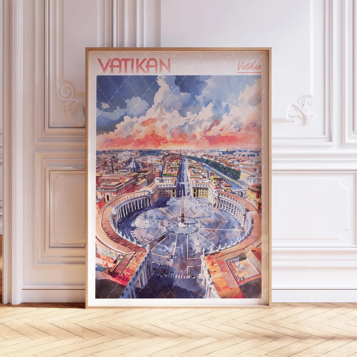 Vatican Watercolor Travel Poster St Peter Square Sunset City Scene