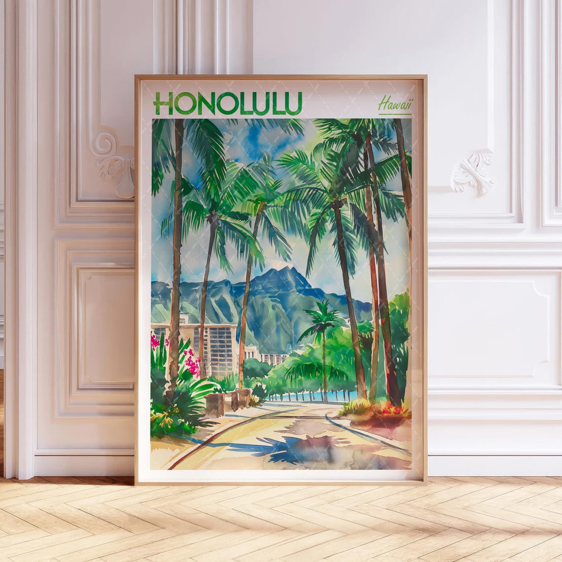 Honolulu Hawaii Palm Tree Road Watercolor Tropical Travel Poster