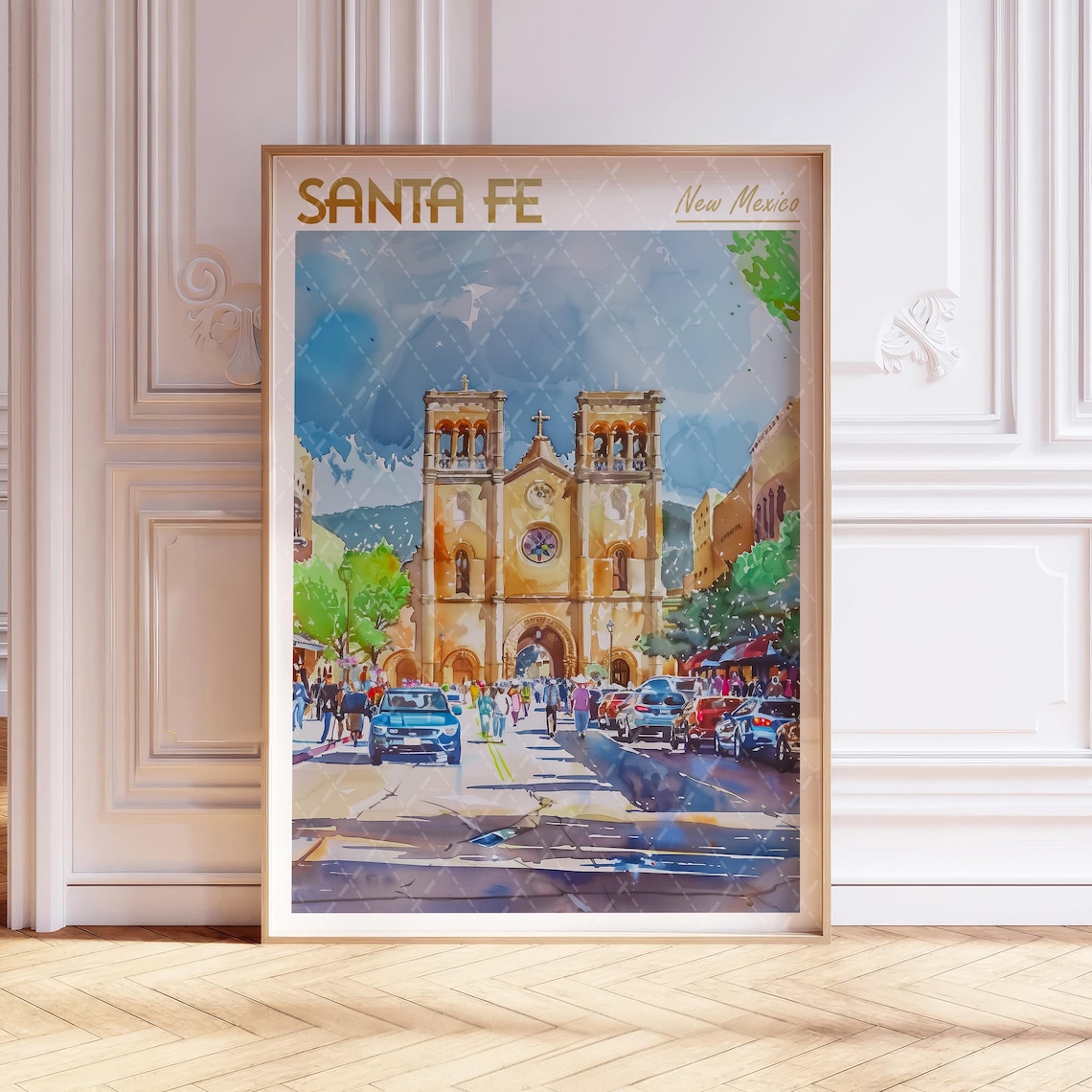 Santa Fe New Mexico Cathedral Street Watercolor Travel Poster
