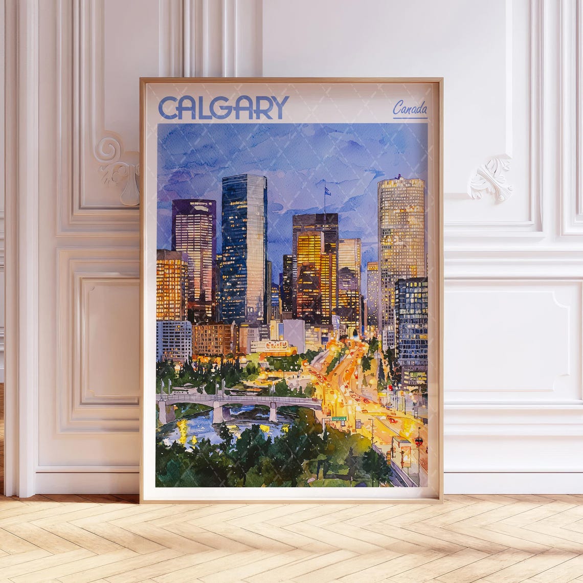 Calgary Canada Night Skyline Watercolor City Lights Travel Poster