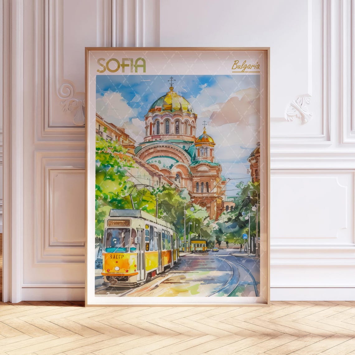 Sofia Watercolor Travel Poster with Golden Domed Cathedral Bulgaria