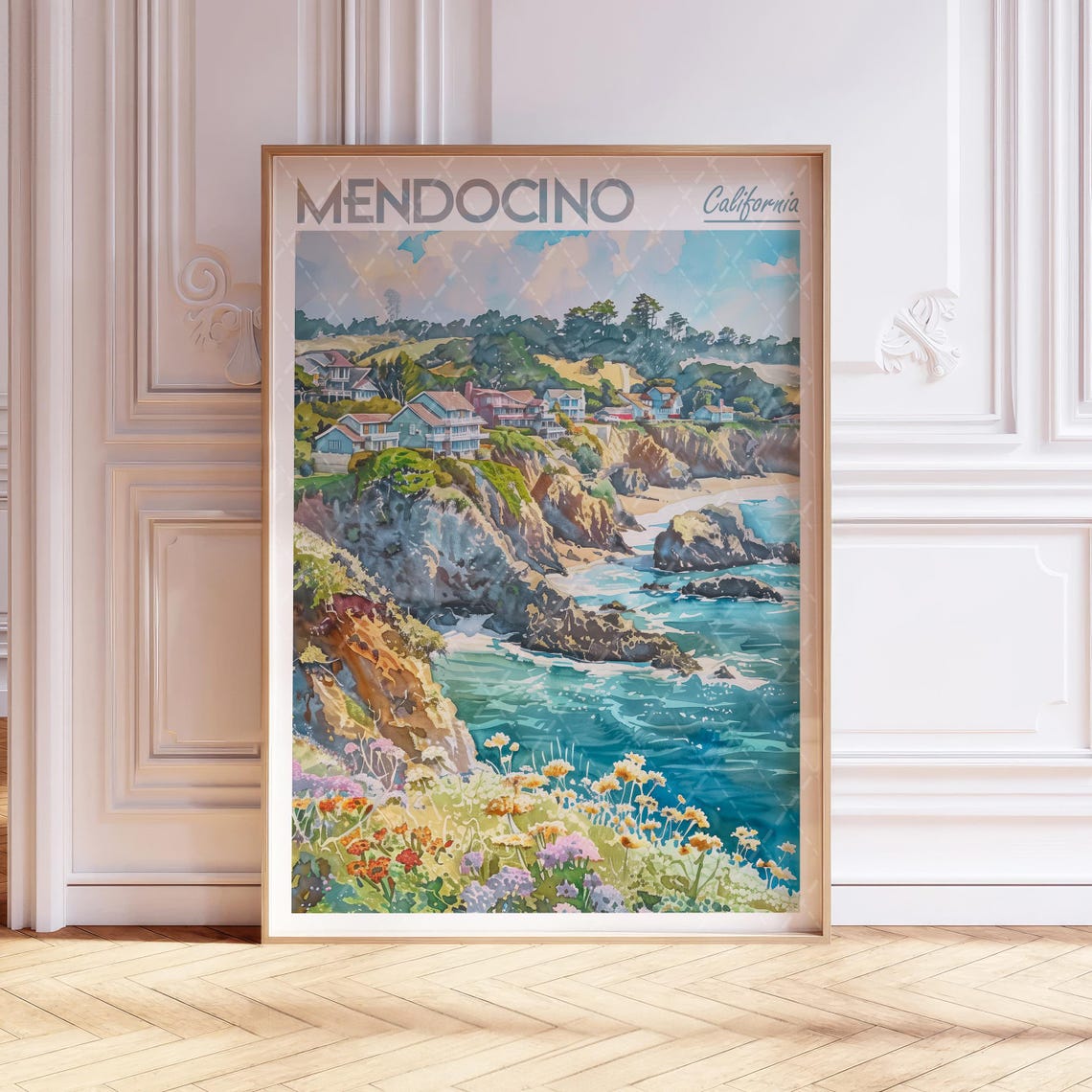 Mendocino California Coastal Cliffs Watercolor Travel Poster