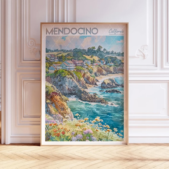 Mendocino California Coastal Cliffs Watercolor Travel Poster