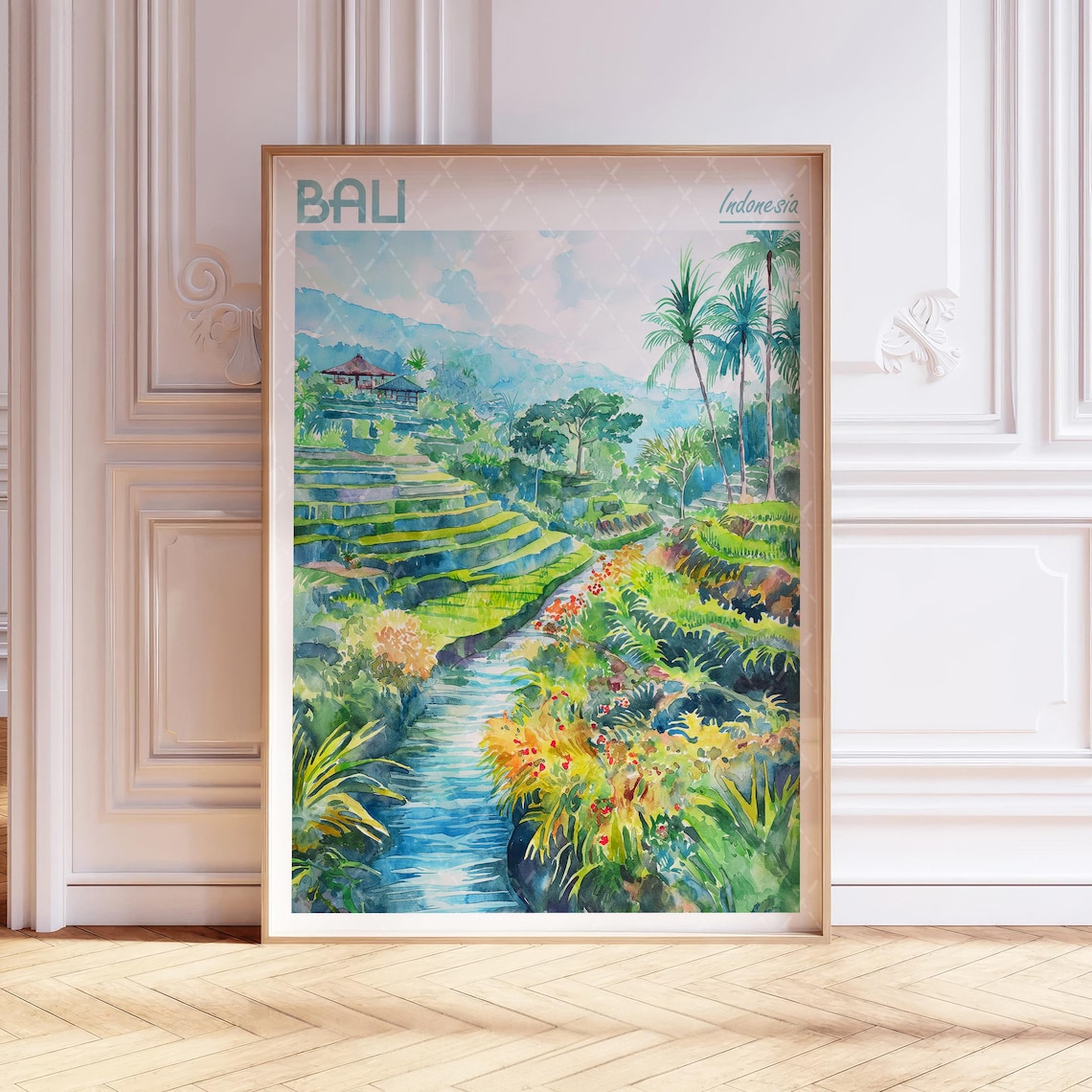 Bali Indonesia Emerald Rice Terraces Watercolor Travel Poster