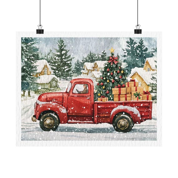 Red Truck With Christmas Tree And Gift Merry Cute Illustration Watercolor Xmas Painting Home Decor Holiday For