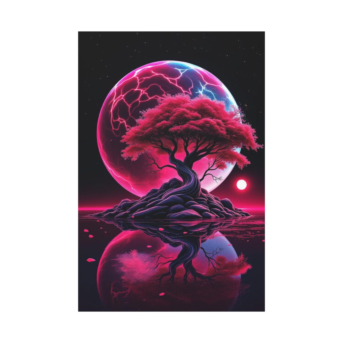 Neon Pink Tree Island Giant Moon Reflection Cosmic Art Poster - Image 3