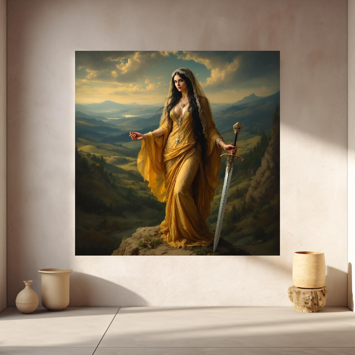 Golden Gown Warrior Woman Sword Mountain Valley Fantasy Art Print