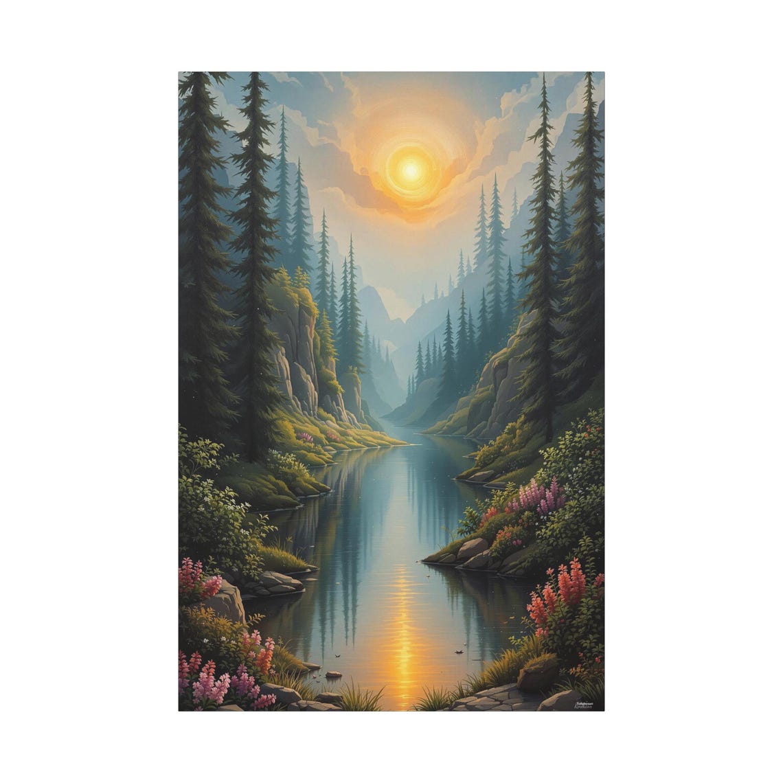 Sunlit Pine Forest River Gorge Wildflowers Dawn Dreamscape Art Print - Image 3