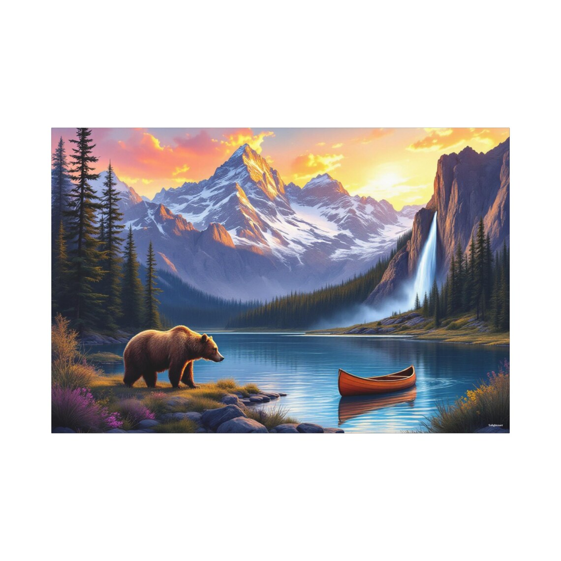 Brown Bear On A Lakeshore At Sunset With Canoe Waterfall And Peaks Poster - Image 3