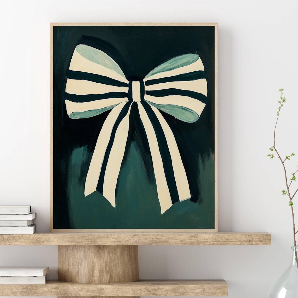 Emerald Green Striped Bow Painting Minimalist Preppy Chic Decor Poster