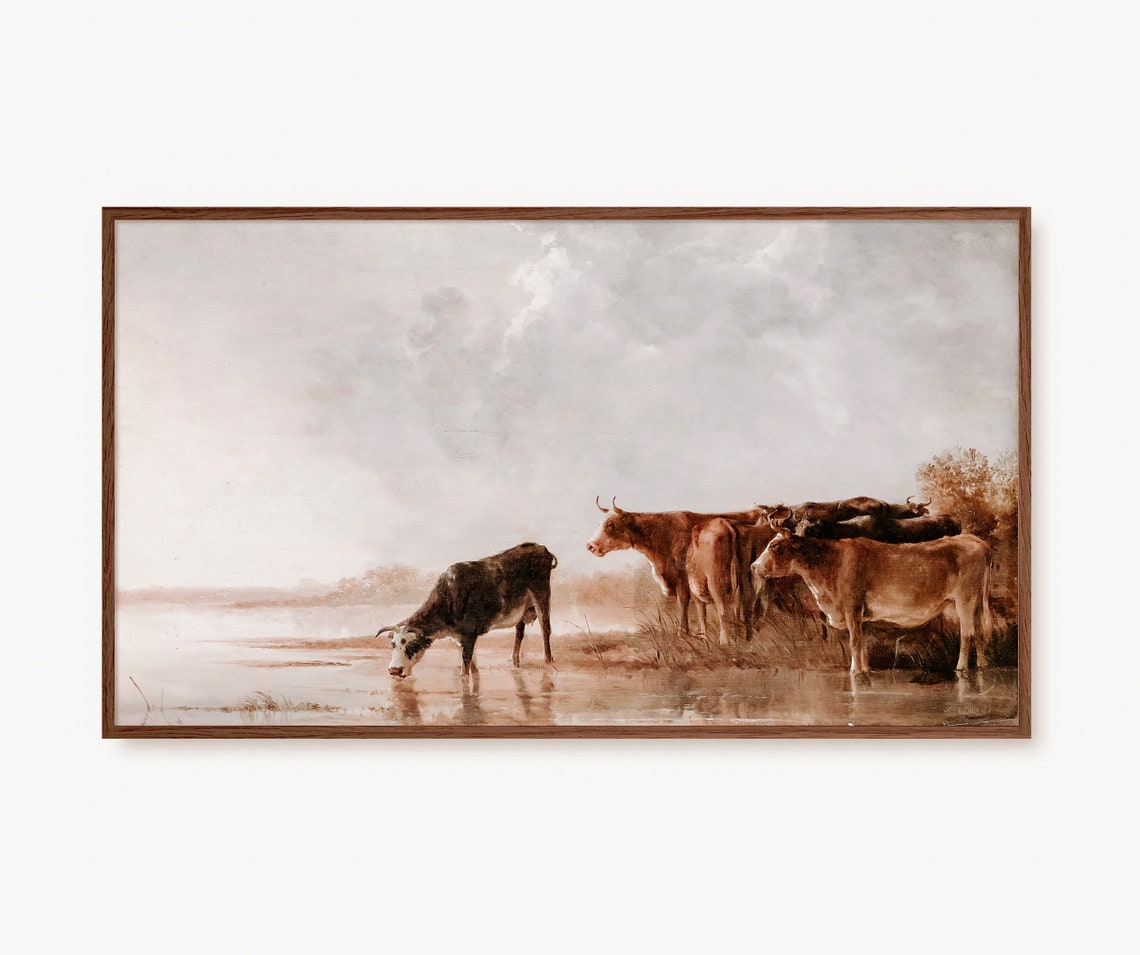 Vintage Cows Drinking At Misty Riverbank Oil Painting Poster