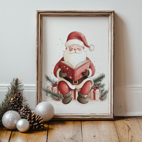 Cute Santa Claus Reading Storybook Watercolor Magical Christmas Poster