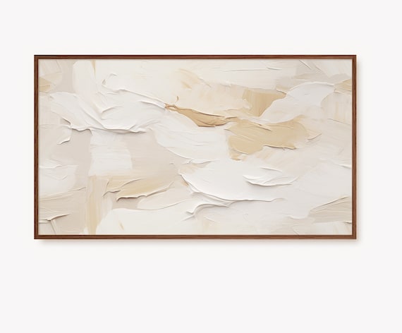 Frame Tv Art Oil Painting 3d Textured Plaster Knife Art Neutral Modern Beige Cream Gold Artwork Instant