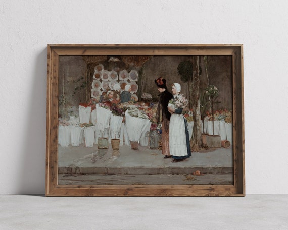 Vintage Florist Painting Antique Paris Street Artwork Flowers Art Print Moody Farmhouse Home Decor Cottagecore