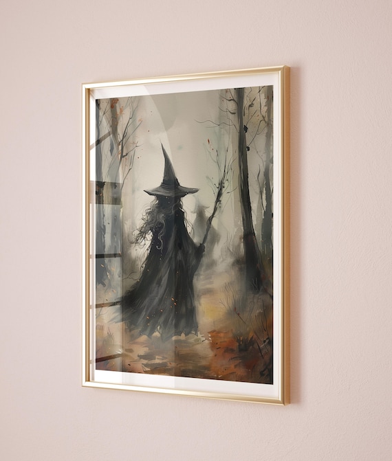Witch in Misty Autumn Forest Watercolor Dark Academia Poster