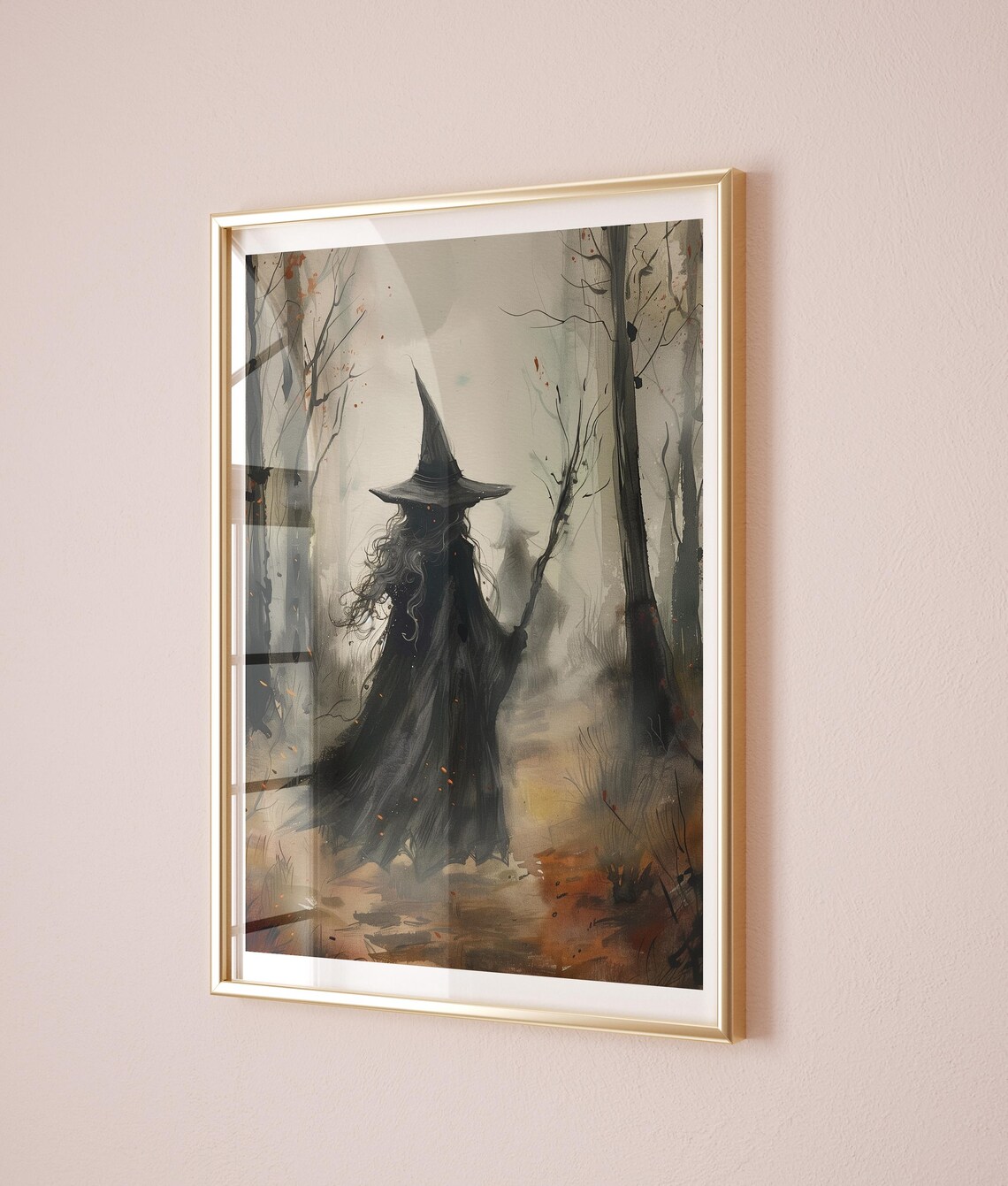 Witch in Misty Autumn Forest Watercolor Dark Academia Poster