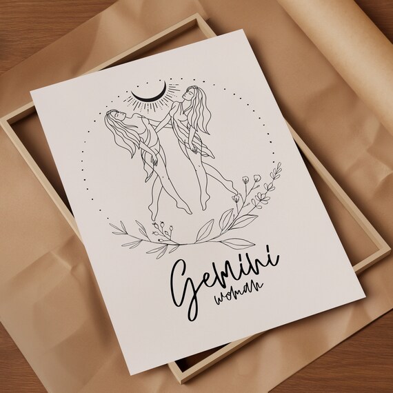 Gemini Woman Zodiac Line Art Astrology Birth Sign Gift Print