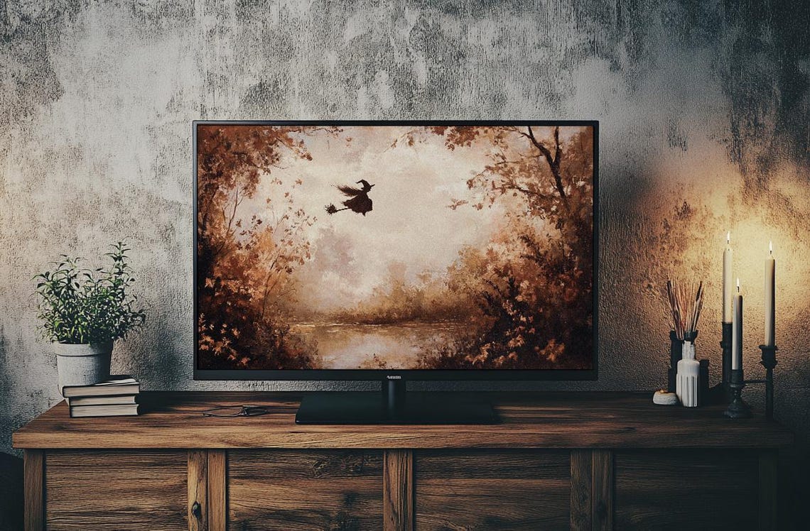 Moody Witch Flying Over Autumn River Frame TV Artwork Poster