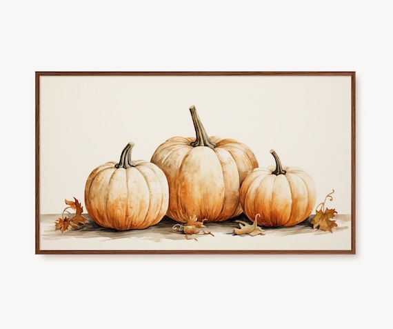 Three White Pumpkins Fall Harvest Scene Watercolor Autumn Art Poster