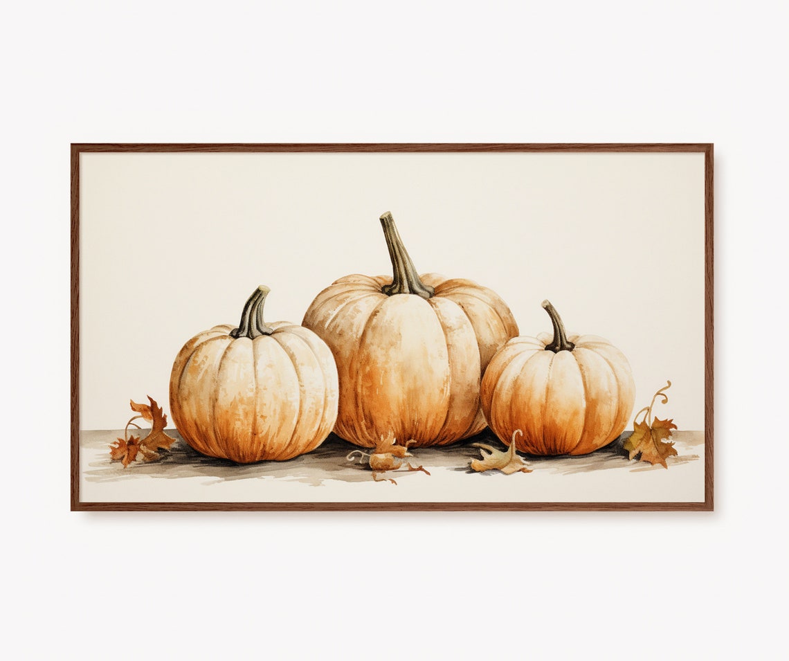Three White Pumpkins Fall Harvest Scene Watercolor Autumn Art Poster