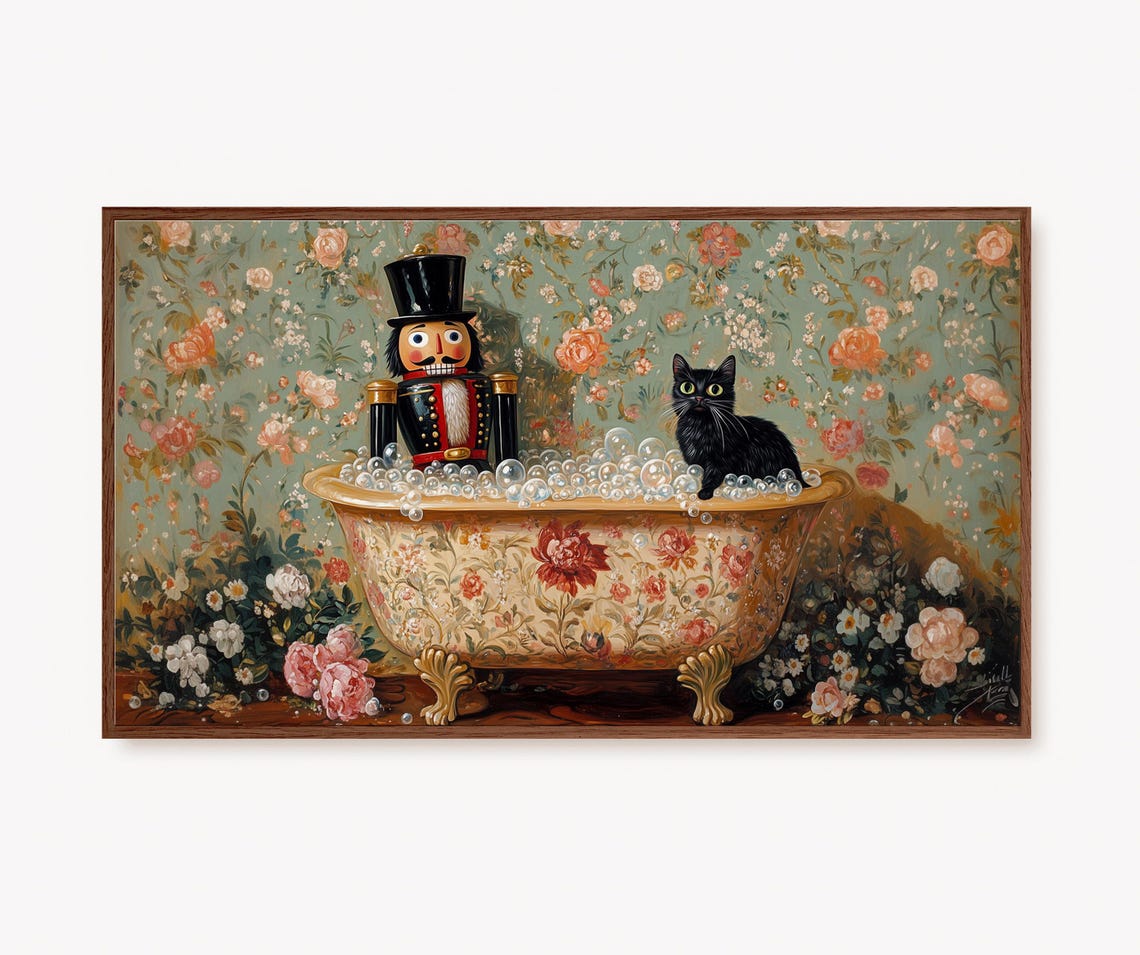 Nutcracker And Black Cat Bubble Bath Christmas Floral Art Poster