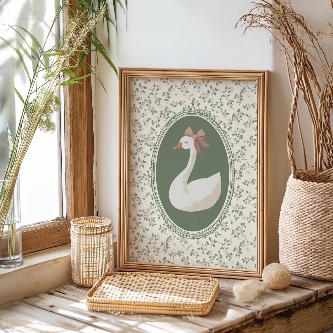 Vintage Swan Nursery Print Grandmillenial Coquette Aesthetic Poster Trendy Apartment Decor Pink Bow Baby Girl Room Cottagecore Art - Image 2