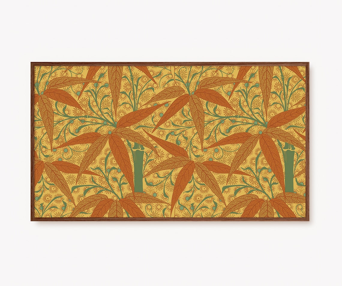 William Morris Style Bamboo Orange Floral Vintage Botanical Poster