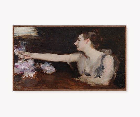 Frame Tv Art Vintage Portrait Oil Painting Woman Holding A Glass Antique Art Moody Dark Academia Decor