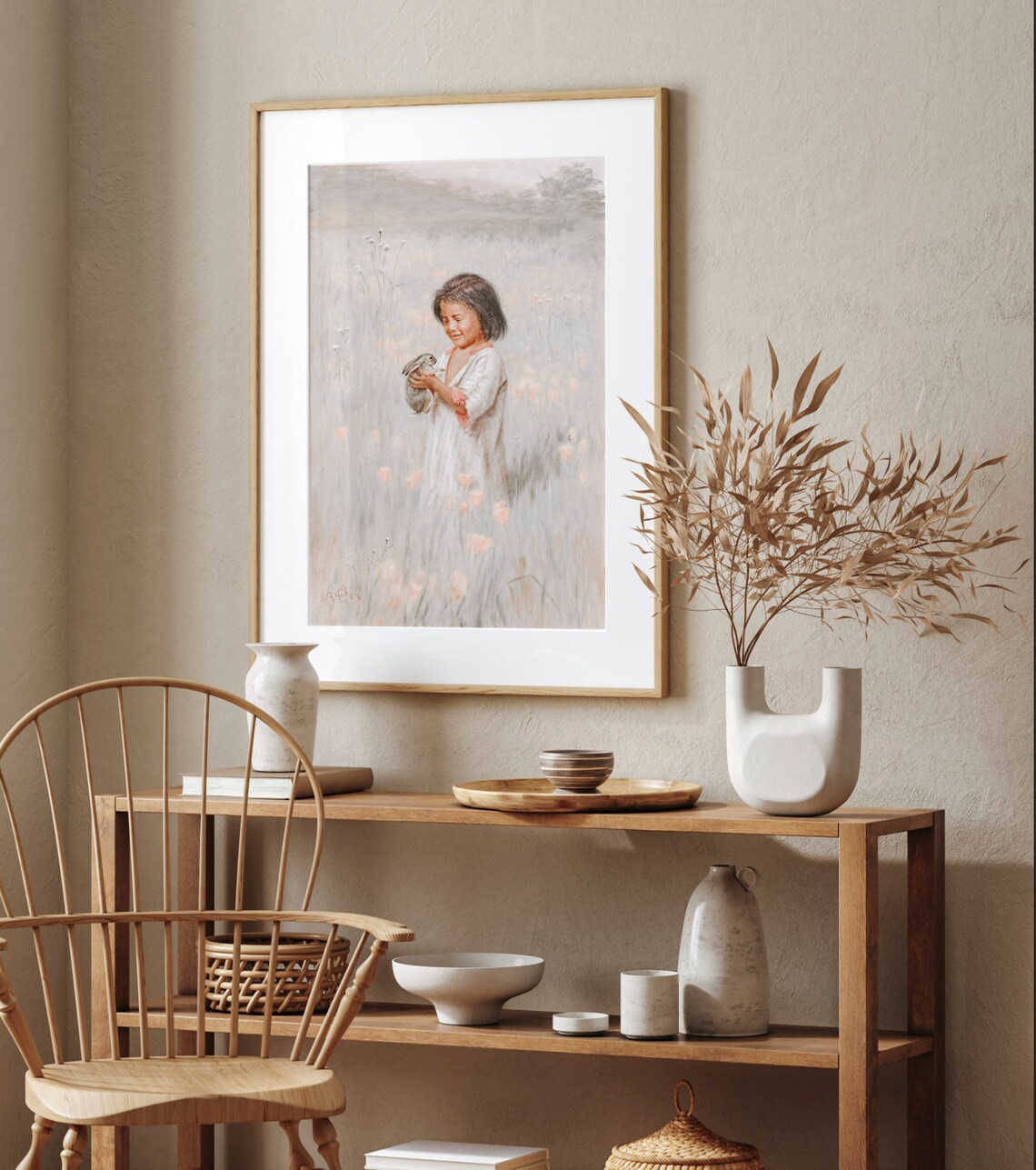 Little Girl Holding Bunny in Wildflower Field Vintage Art Poster - Image 2