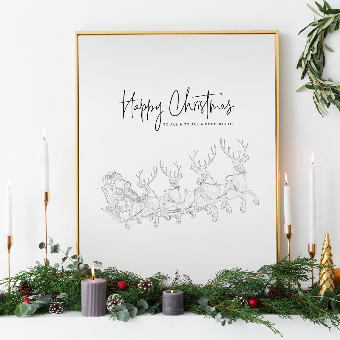 Happy Christmas Santa Sleigh Reindeer Sketch Holiday Art Poster - Image 2