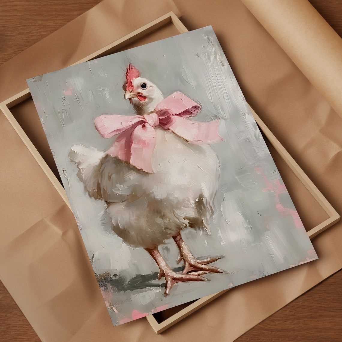 White Chicken With Big Pink Bow Coquette Painting Animal Wall Art - Image 2