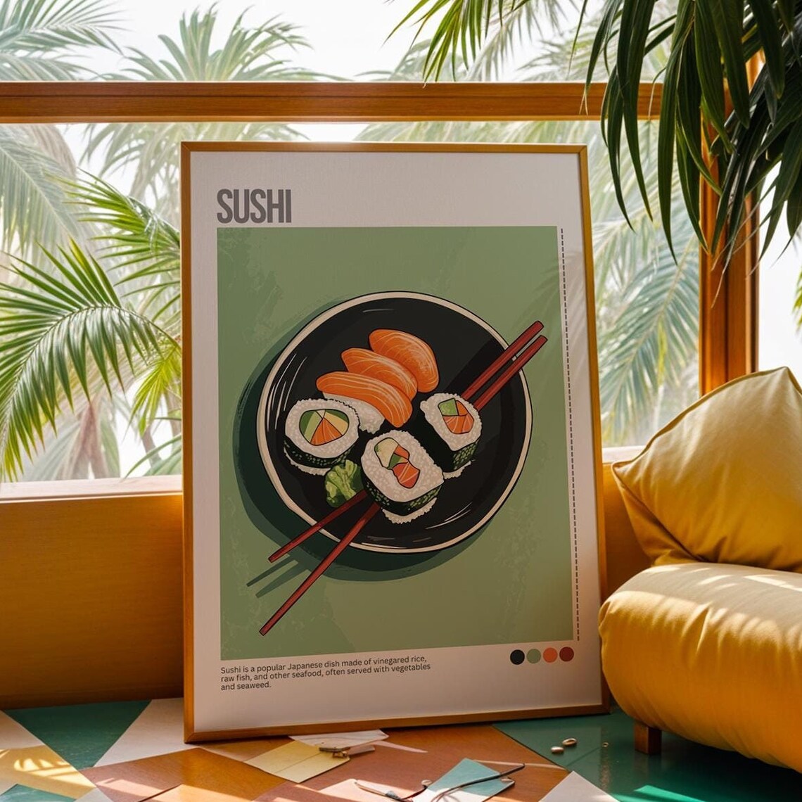 Sushi Salmon Nigiri Maki Rolls Japanese Food Illustrated Poster