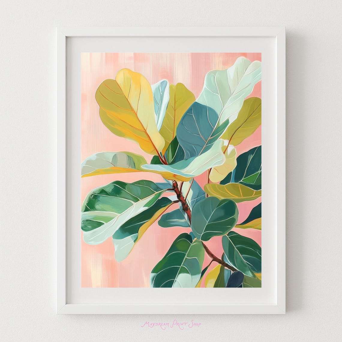 Fiddle Leaf Fig Botanical Painting Pink Leaves Houseplant Poster