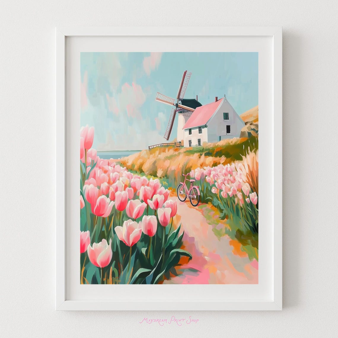 Dutch Windmill Pink Tulip Field Bicycle Holland Spring Art Poster