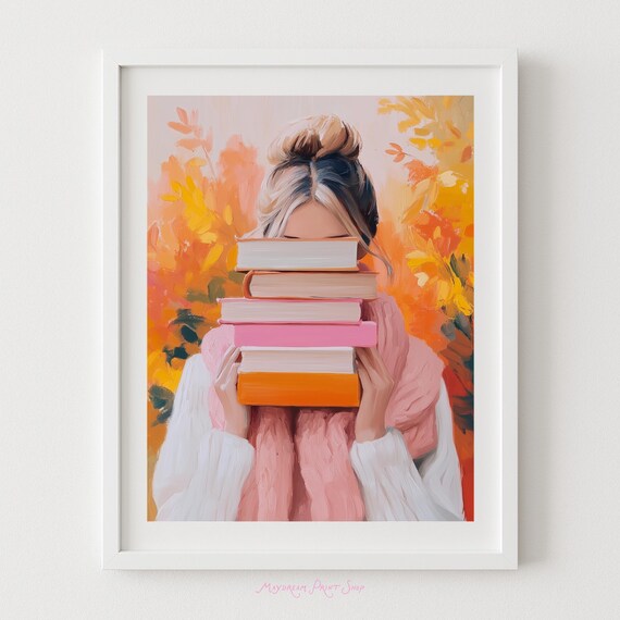 Autumn Girl With Stack of Books Cozy Fall Library Art Poster