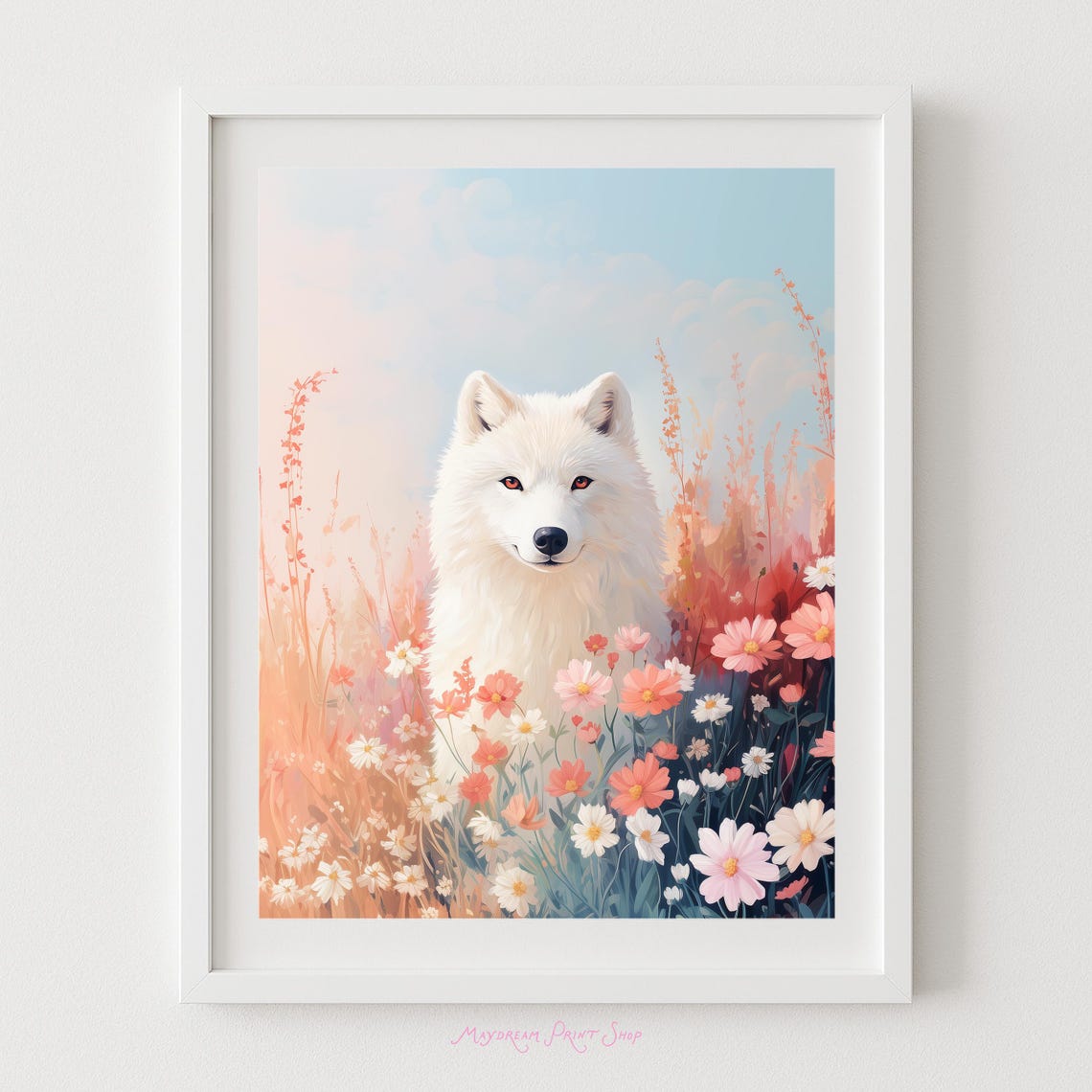 White Arctic Wolf Wildflower Meadow Cute Animal Painting Poster