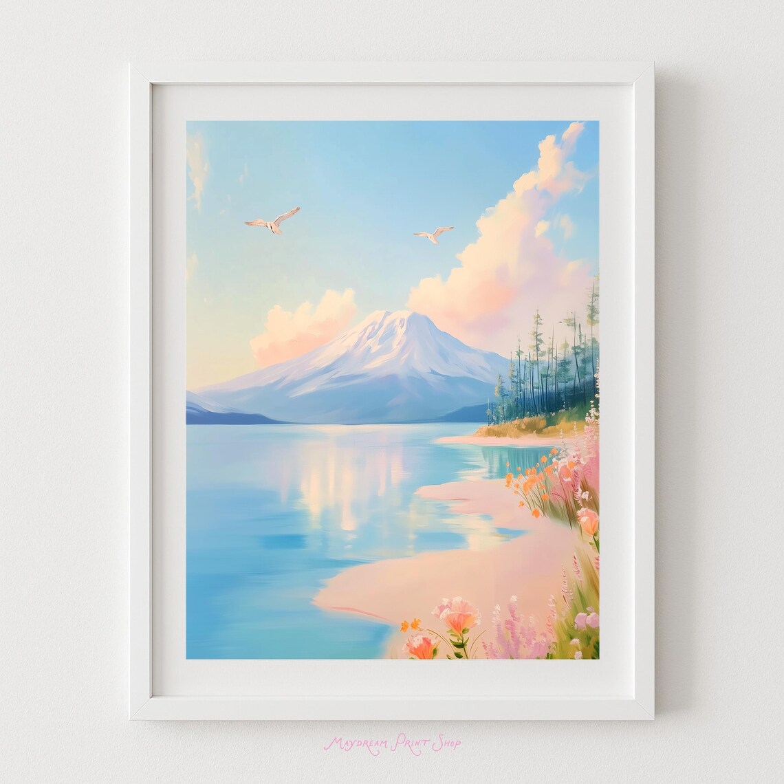 Pastel Snowy Mountain Lake Sunrise Wildflowers Serene Nature Poster