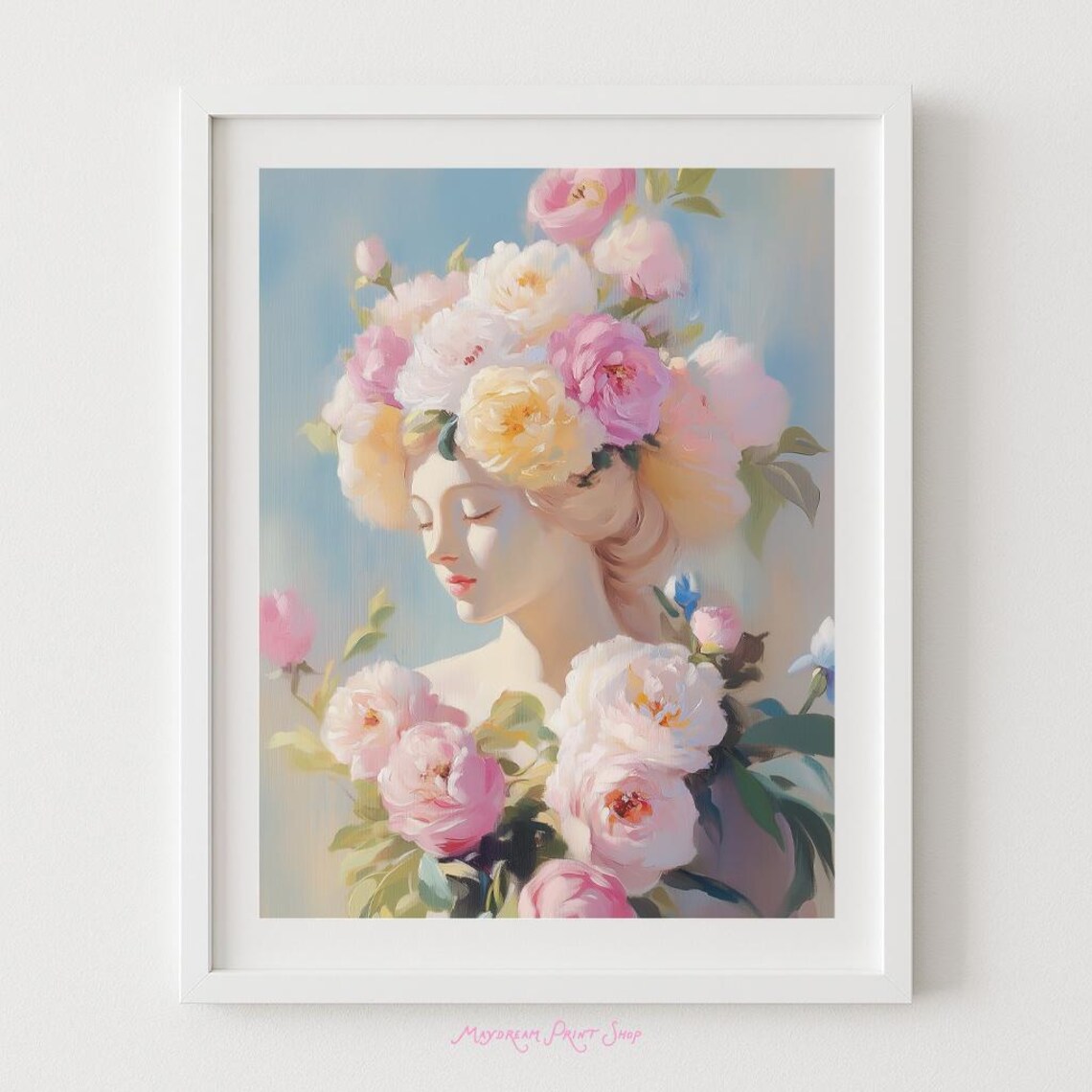 Marie Antoinette Dreamy Peony Flower Crown Portrait Art Print
