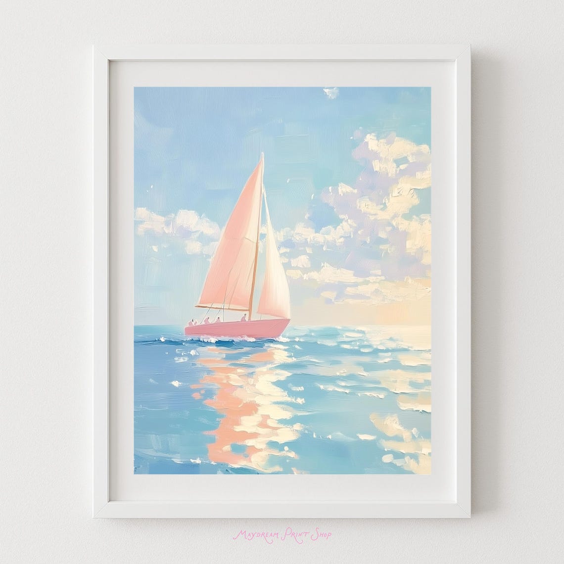 Pink Sailboat on Pastel Ocean Waves Nautical Coastal Art Print